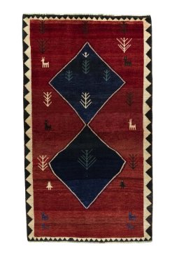 Full view of 2000s Persian Gabbeh rug from Iran / Persia, 200 × 112 cm in Red tones