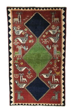 Full view of 2000s Persian Gabbeh rug from Iran / Persia, 205 × 120 cm in Red tones
