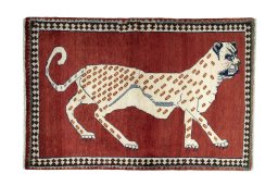 Full view of 2000s Persian Gabbeh rug from Iran / Persia, 154 × 103 cm in Red tones