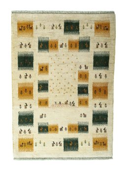 Full view of 2000s Persian Gabbeh rug from Iran / Persia, 147 × 105 cm in Beige tones