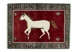 Full view of 2000s Persian Gabbeh rug from Iran / Persia, 130 × 95 cm in Red tones
