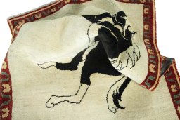 Corner detail of 2000s Persian Gabbeh rug showing border pattern and Wool pile