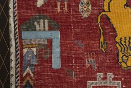 Close-up detail of 2000s Persian Gabbeh rug from Iran / Persia showing Wool weave