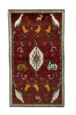 Full view of 2000s Persian Gabbeh rug from Iran / Persia, 193 × 112 cm in Red tones