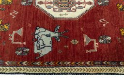 Close-up detail of 2000s Persian Gabbeh rug from Iran / Persia showing Wool weave