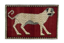 Full view of 2000s Persian Gabbeh rug from Iran / Persia, 156 × 103 cm in Red tones
