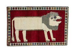 Full view of 2000s Persian Gabbeh rug from Iran / Persia, 158 × 102 cm in Red tones