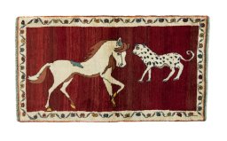 Full view of 2000s Persian Gabbeh rug from Iran / Persia, 177 × 101 cm in Red tones