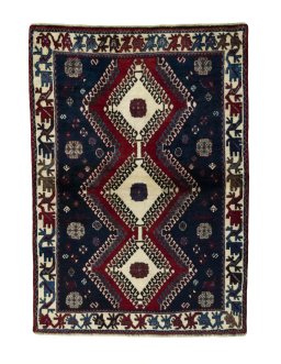Full view of 2000s Persian Gabbeh rug from Iran / Persia, 158 × 113 cm in Blue tones
