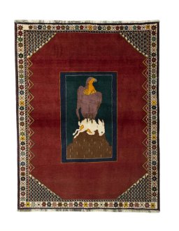 Full view of 2000s Persian Gabbeh rug from Iran / Persia, 171 × 132 cm in Red tones