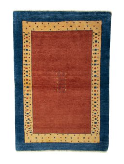 Full view of 2000s Persian Gabbeh rug from Iran / Persia, 150 × 104 cm in Red tones