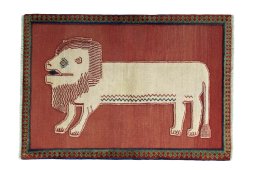 Full view of 2000s Persian Gabbeh rug from Iran / Persia, 151 × 106 cm in Red tones