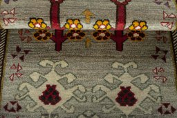 Full view of 2000s Persian Gabbeh rug from Iran / Persia, 180 × 90 cm in Gray tones