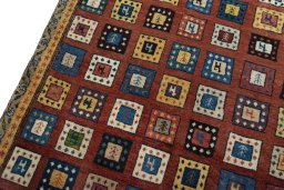 Backside of handmade 2000s Persian Gabbeh rug showing knot structure and weave density