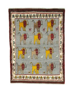 Full view of 2000s Persian Gabbeh rug from Iran / Persia, 146 × 105 cm in Gray tones
