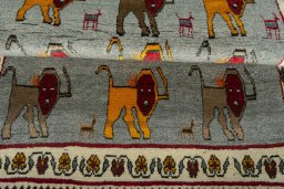 Full view of 2000s Persian Gabbeh rug from Iran / Persia, 146 × 105 cm in Gray tones