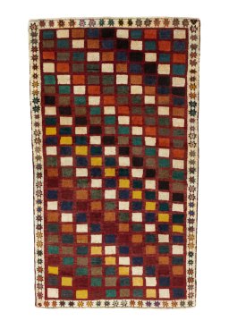 Full view of 2000s Persian Gabbeh rug from Iran / Persia, 149 × 86 cm in Multi Color tones
