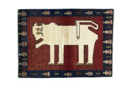Full view of 2000s Persian Gabbeh rug from Iran / Persia, 145 × 105 cm in Red tones