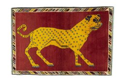 Full view of 2000s Persian Gabbeh rug from Iran / Persia, 155 × 105 cm in Red tones