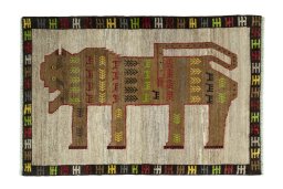 Full view of 2000s Persian Gabbeh rug from Iran / Persia, 153 × 103 cm in Gray tones