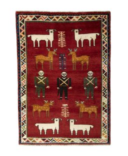 Full view of 2000s Persian Gabbeh rug from Iran / Persia, 153 × 107 cm in Red tones