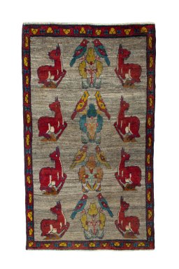 Full view of 2000s Persian Gabbeh rug from Iran / Persia, 149 × 88 cm in Gray tones