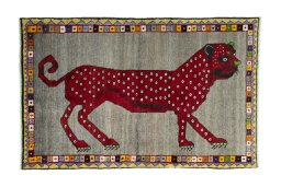 Full view of 2000s Persian Gabbeh rug from Iran / Persia, 160 × 103 cm in Gray tones