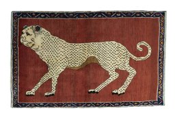 Full view of 2000s Persian Gabbeh rug from Iran / Persia, 207 × 132 cm in Red tones