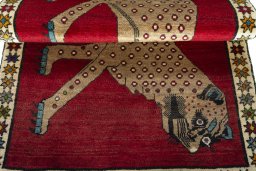 Full view of 2000s Persian Gabbeh rug from Iran / Persia, 167 × 104 cm in Red tones
