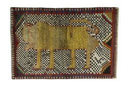 Full view of 2000s Persian Gabbeh rug from Iran / Persia, 158 × 107 cm in Multi Color tones