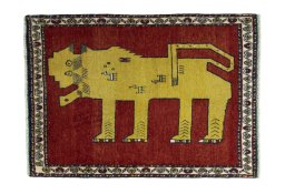 Full view of 2000s Persian Gabbeh rug from Iran / Persia, 123 × 88 cm in Red tones