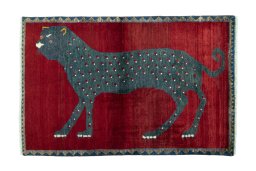 Full view of 2000s Persian Gabbeh rug from Iran / Persia, 154 × 101 cm in Red tones