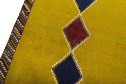 Backside of handmade 2000s Persian Gabbeh rug showing knot structure and weave density