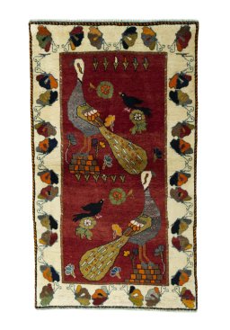 Full view of 2000s Persian Gabbeh rug from Iran / Persia, 158 × 92 cm in Red tones