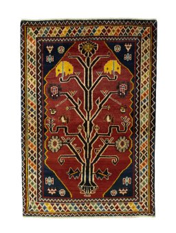 Full view of 2000s Persian Gabbeh rug from Iran / Persia, 150 × 102 cm in Red tones