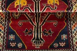 Full view of 2000s Persian Gabbeh rug from Iran / Persia, 150 × 102 cm in Red tones