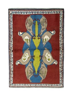 Full view of 2000s Persian Gabbeh rug from Iran / Persia, 145 × 102 cm in Red tones