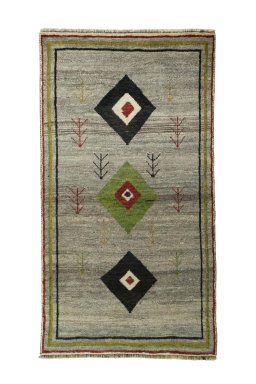 Full view of 2000s Persian Gabbeh rug from Iran / Persia, 196 × 106 cm in Beige tones