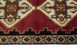 Full view of 2000s Persian Gabbeh rug from Iran / Persia, 234 × 84 cm in Red tones