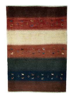 Full view of 2000s Persian Gabbeh rug from Iran / Persia, 146 × 104 cm in Multi Color tones