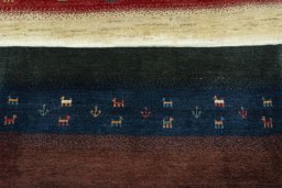 Full view of 2000s Persian Gabbeh rug from Iran / Persia, 146 × 104 cm in Multi Color tones