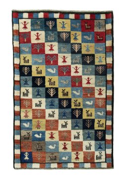 Full view of 2000s Persian Gabbeh rug from Iran / Persia, 137 × 90 cm in Multi Color tones