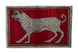 Full view of 2000s Persian Gabbeh rug from Iran / Persia, 152 × 100 cm in Red tones