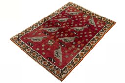 Corner detail of 2000s Persian Gabbeh rug showing border pattern and Wool pile
