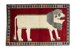 Full view of 2000s Persian Gabbeh rug from Iran / Persia, 150 × 101 cm in Red tones