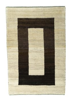 Full view of 2000s Persian Gabbeh rug from Iran / Persia, 150 × 102 cm in Beige tones