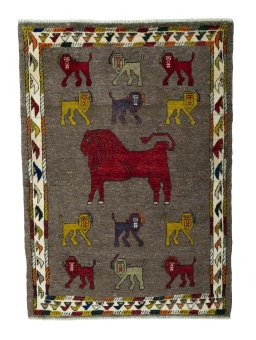 Full view of 2000s Persian Gabbeh rug from Iran / Persia, 153 × 110 cm in Gray tones
