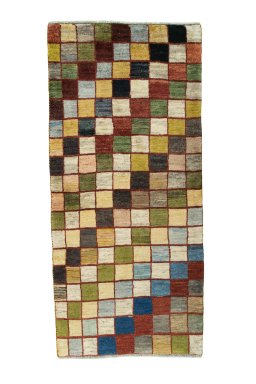 Full view of 2000s Persian Gabbeh rug from Iran / Persia, 195 × 91 cm in Multi Color tones