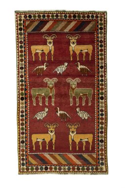 Full view of 2000s Persian Gabbeh rug from Iran / Persia, 189 × 107 cm in Red tones