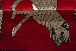 Full view of 2000s Persian Gabbeh rug from Iran / Persia, 166 × 111 cm in Red tones